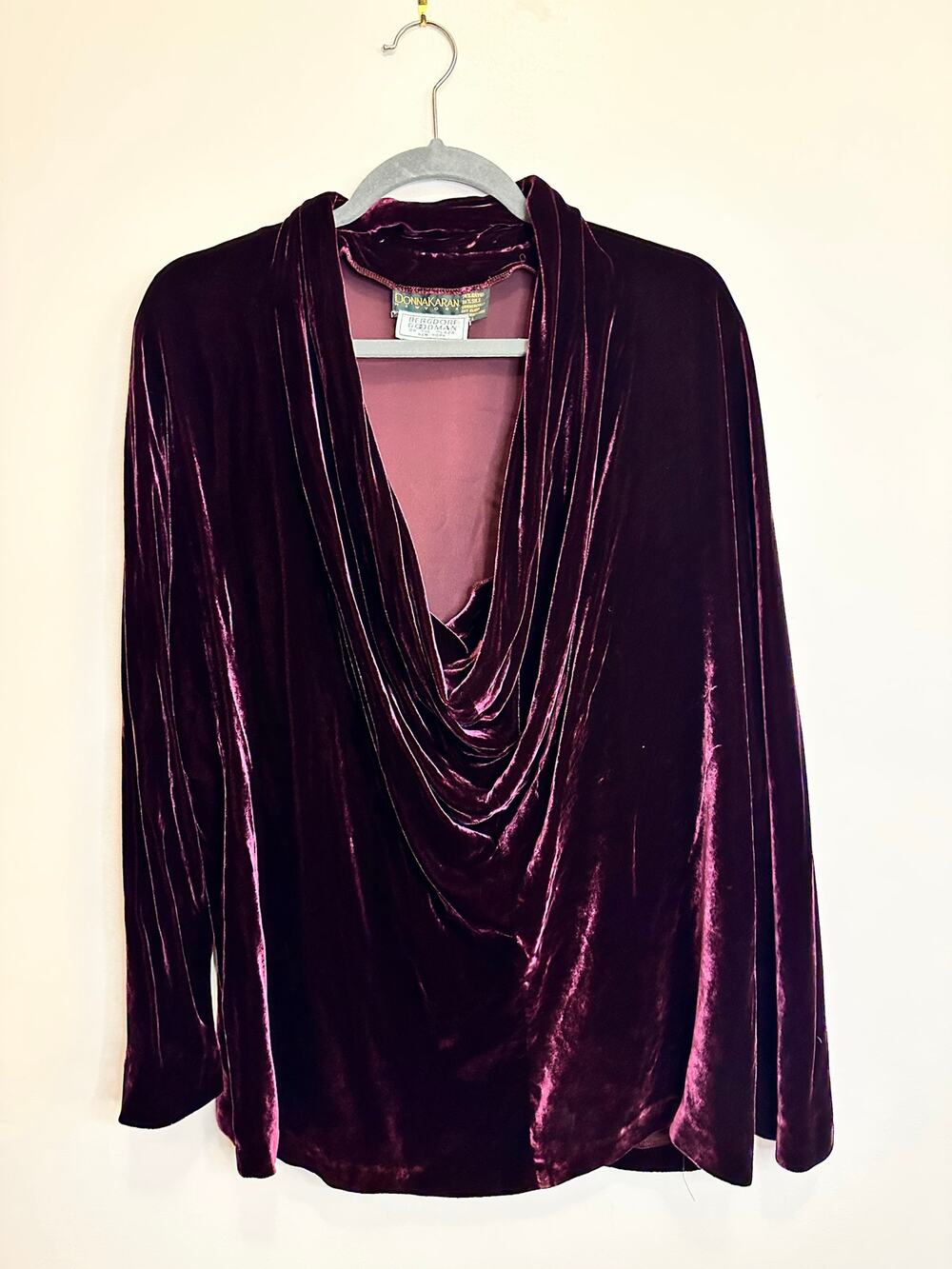 Vintage Donna Karan Bergdorf Red Velour Cowl Neck Long Sleeve Top Large